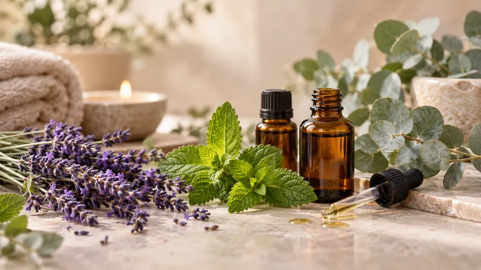 Illóolajos üvegek, levendula és gyertya – aromaterápiás hangulat